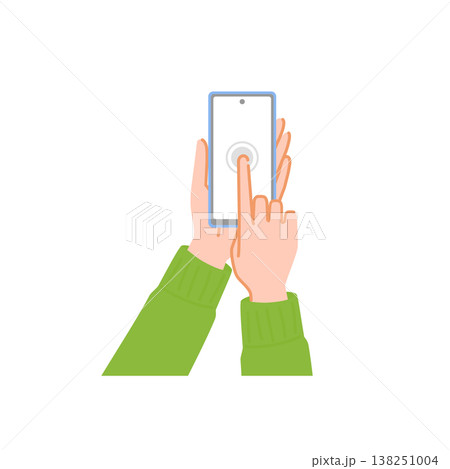 俯瞰でスマートフォンを長押しする手元 138251004