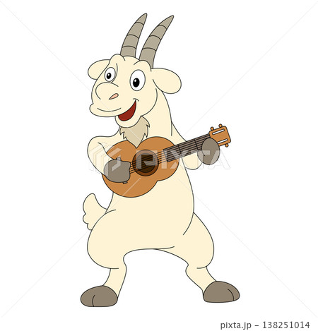 Cute cartoon goat playing guitar isolated on white background illustration 138251014