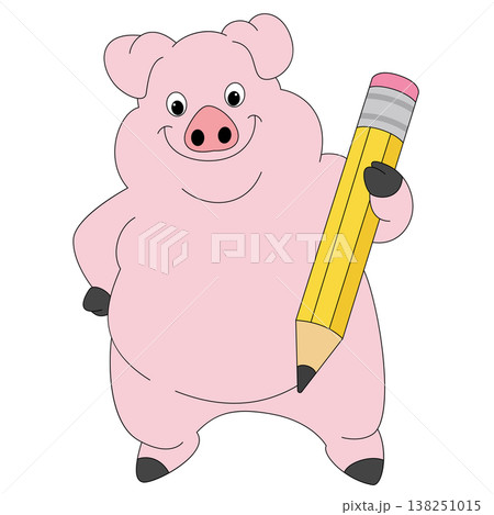 Cute pink pig holding pencil cartoon illustration isolated background simple Cute pink pig holding pencil cartoon illustration isolated background simple 138251015