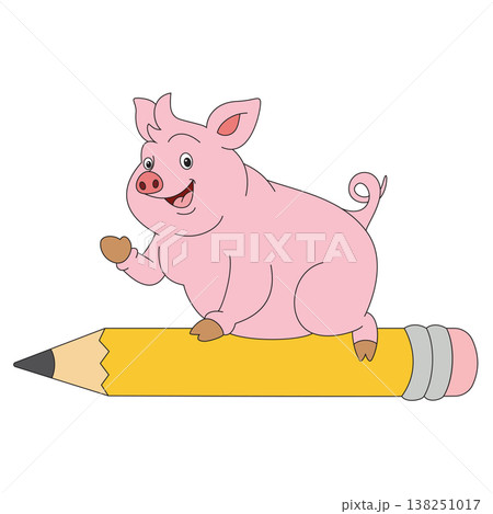 Cute pink pig sitting on pencil illustration isolated background simple Cute pink pig sitting on pencil illustration isolated background simple 138251017