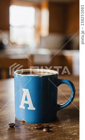 使い込まれた青いヴィンテージマグカップとコーヒー豆のある、温かみのあるキッチンの風景 138251081