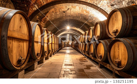 View of oak wine barrels stored in a traditional cellar View of oak wine barrels stored in a traditional cellar 138251195