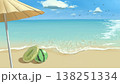 パラソルとスイカビーチボールが置かれた、ギラギラと眩しい真夏のビーチの手描き風景 138251334