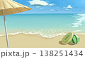 パラソルとスイカビーチボールが置かれた、ギラギラと眩しい真夏のビーチの手描き風景 138251434