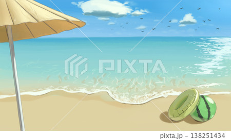 パラソルとスイカビーチボールが置かれた、ギラギラと眩しい真夏のビーチの手描き風景 パラソルとスイカビーチボールが置かれた、ギラギラと眩しい真夏のビーチの手描き風景 138251434
