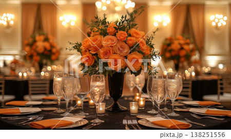 オレンジの花が彩るラグジュアリーな結婚披露宴会場のテーブルコーディネート 138251556