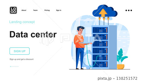 Data server web concept. Technician works in server room racks. Cloud storage technology, database. Template of people scene. Vector illustration with character activities in flat design for website Data server web concept. Technician works in server room racks. Cloud storage technology, database. Template of people scene. Vector illustration with character activities in flat design for website 138251572
