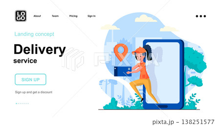 Delivery service web concept. Woman courier holds parcel, order delivery and tracking in mobile app. Template of people scene. Vector illustration with character activities in flat design for website 138251577