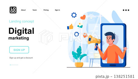 Digital marketing web concept. Man marketer attracting new customers, online business promotion. Template of people scene. Vector illustration with character activities in flat design for website Digital marketing web concept. Man marketer attracting new customers, online business promotion. Template of people scene. Vector illustration with character activities in flat design for website 138251581