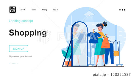 Shopping web concept. Woman chooses dress in front mirror. Customer makes purchases buying clothes. Template of people scene. Vector illustration with character activities in flat design for website 138251587