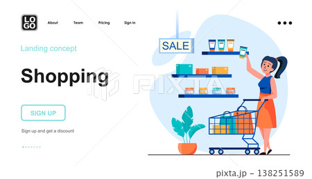Shopping web concept. Woman buys cosmetics in store on sale. Buyer makes purchases at supermarket. Template of people scene. Vector illustration with character activities in flat design for website 138251589