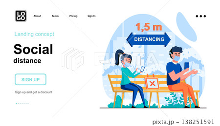 Social distance web concept. Man and woman in masks distancing on bench. Coronavirus prevention. Template of people scene. Vector illustration with character activities in flat design for website Social distance web concept. Man and woman in masks distancing on bench. Coronavirus prevention. Template of people scene. Vector illustration with character activities in flat design for website 138251591