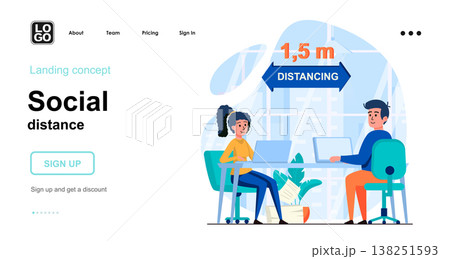 Social distance web concept. Man and woman distancing at desk in office. Coronavirus prevention. Template of people scene. Vector illustration with character activities in flat design for website Social distance web concept. Man and woman distancing at desk in office. Coronavirus prevention. Template of people scene. Vector illustration with character activities in flat design for website 138251593