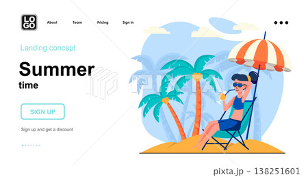 Summer time web concept. Woman relaxing on beach, sunbathing lying in sun lounger at seaside resort. Template of people scene. Vector illustration with character activities in flat design for website 138251601