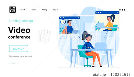 Video conference web concept. Woman meeting online with friends or colleagues via video at laptop. Template of people scene. Vector illustration with character activities in flat design for website 138251612