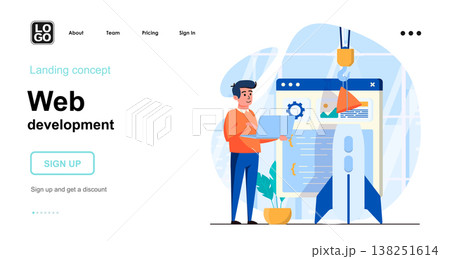 Web development web concept. Developer creates page layout, building site, develop startup business. Template of people scene. Vector illustration with character activities in flat design for website Web development web concept. Developer creates page layout, building site, develop startup business. Template of people scene. Vector illustration with character activities in flat design for website 138251614