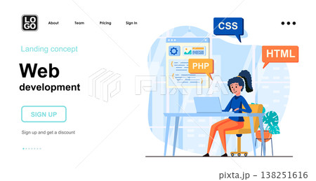 Web development web concept. Woman writes code in different program languages, creates page layout. Template of people scene. Vector illustration with character activities in flat design for website Web development web concept. Woman writes code in different program languages, creates page layout. Template of people scene. Vector illustration with character activities in flat design for website 138251616