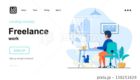 Freelance work web concept. Man freelancer or remote worker works on computer from home office. Template of people scene. Vector illustration with character activities in flat design for website 138251629