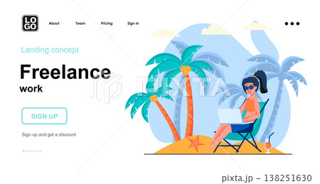 Freelance work web concept. Woman freelancer working on laptop relaxing on beach. Remote worker. Template of people scene. Vector illustration with character activities in flat design for website 138251630