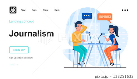 Journalism web concept. Man and woman talking in live broadcast, interview recording at studio. Template of people scene. Vector illustration with character activities in flat design for website Journalism web concept. Man and woman talking in live broadcast, interview recording at studio. Template of people scene. Vector illustration with character activities in flat design for website 138251632