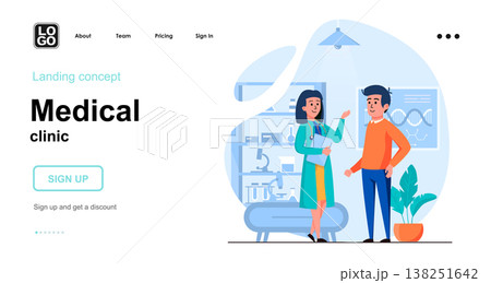 Medical clinic web concept. Doctor consults and diagnoses patient in office. Man visited therapist. Template of people scene. Vector illustration with character activities in flat design for website 138251642