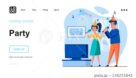 Party web concept. Man and woman celebrating holiday, singing in karaoke. Couple having fun at home. Template of people scene. Vector illustration with character activities in flat design for website 138251645