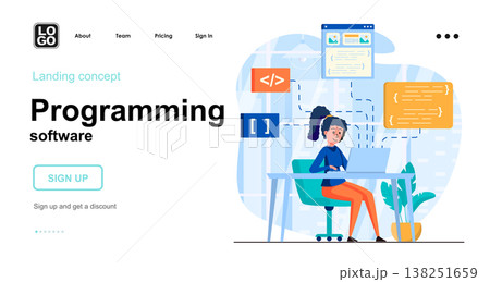 Programming software web concept. Woman coding code, programs in different programming languages. Template of people scene. Vector illustration with character activities in flat design for website Programming software web concept. Woman coding code, programs in different programming languages. Template of people scene. Vector illustration with character activities in flat design for website 138251659