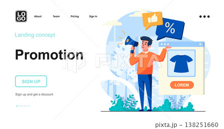 Promotion web concept. Marketer announces sale, attracts customers with discounts. Marketing tools. Template of people scene. Vector illustration with character activities in flat design for website Promotion web concept. Marketer announces sale, attracts customers with discounts. Marketing tools. Template of people scene. Vector illustration with character activities in flat design for website 138251660
