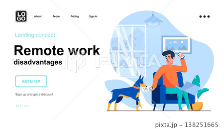 Remote work disadvantages web concept. Freelancer working on laptop, dog interferes and distracts. Template of people scene. Vector illustration with character activities in flat design for website Remote work disadvantages web concept. Freelancer working on laptop, dog interferes and distracts. Template of people scene. Vector illustration with character activities in flat design for website 138251665
