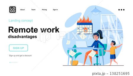 Remote work disadvantages web concept. Woman trying to work, deadline is on, son distracts her. Template of people scene. Vector illustration with character activities in flat design for website Remote work disadvantages web concept. Woman trying to work, deadline is on, son distracts her. Template of people scene. Vector illustration with character activities in flat design for website 138251695
