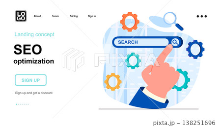 Seo optimization web concept. Setting up browser search, site ranking, strategy promotion, traffic. Template of people scene. Vector illustration with character activities in flat design for website 138251696