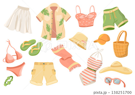 Summer clothing cute stickers isolated set. Collection of skirt, shirt, short, swimsuit, towel, slippers, sunglasses, accessory. Sea resort vacation clothes. Vector illustration in flat cartoon design 138251700