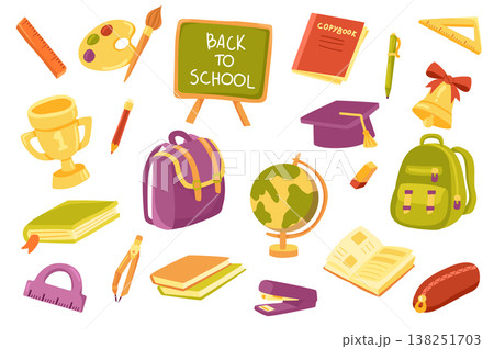 School supply cute stickers isolated set. Collection of ruler, paints, chalkboard, notebook, pen, pencil, backpack, globe, textbook, compasses, stapler. Vector illustration in flat cartoon design 138251703