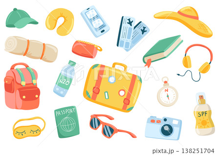 Travel accessory cute stickers isolated set. Collection of smartphone, ticket, book, headphones, suitcase, compass, sunscreen, camera, passport, backpack. Vector illustration in flat cartoon design Travel accessory cute stickers isolated set. Collection of smartphone, ticket, book, headphones, suitcase, compass, sunscreen, camera, passport, backpack. Vector illustration in flat cartoon design 138251704