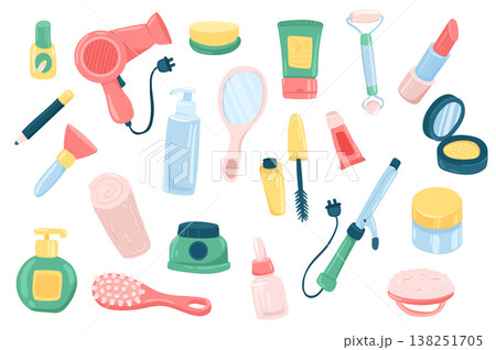 Beauty routine accessory cute stickers isolated set. Collection of hairdryer, cream, lipstick, roller face massager, powder, mascara, hair curler, comb. Vector illustration in flat cartoon design Beauty routine accessory cute stickers isolated set. Collection of hairdryer, cream, lipstick, roller face massager, powder, mascara, hair curler, comb. Vector illustration in flat cartoon design 138251705