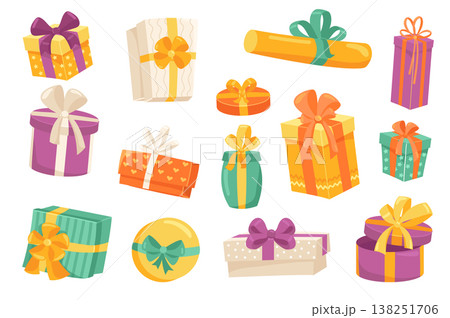 Gift boxes cute stickers isolated set. Collection of boxes in wrapping paper with bows of different types. Celebrating holidays, giving presents at event. Vector illustration in flat cartoon design 138251706