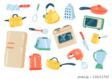Kitchen utensil cute stickers isolated set. Collection of knife, whisk, kettle, frying pan, microwave, oven, toaster, refrigerator, mixer, coffee maker. Vector illustration in flat cartoon design 138251707