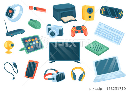 Devices cute stickers isolated set. Collection of fitness tracker, printer, music column, console, wifi router, tablet, cameras, tv, laptop, smartphone. Vector illustration in flat cartoon design Devices cute stickers isolated set. Collection of fitness tracker, printer, music column, console, wifi router, tablet, cameras, tv, laptop, smartphone. Vector illustration in flat cartoon design 138251710
