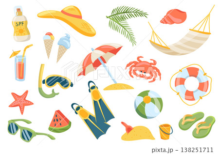 Summer vacation cute stickers isolated set. Collection of sunscreen, hat, palm, shell, hammock, ice cream, umbrella, crab, lifebuoy, starfish, sunglasses. Vector illustration in flat cartoon design 138251711