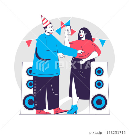 Birthday party web concept. Couple listening to music and having fun. Holiday celebrating people scene. Flat characters design for website. Vector illustration for social media promotional materials 138251713