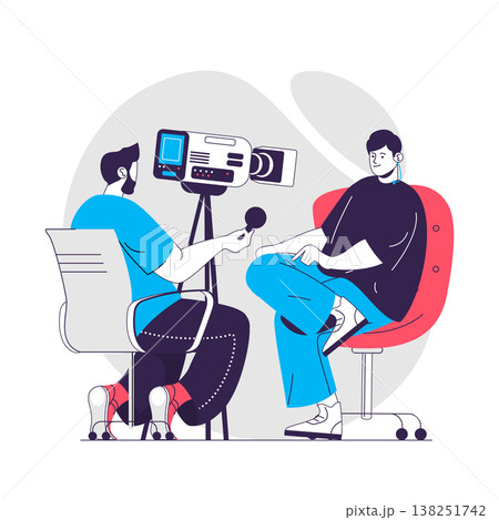 Journalism web concept. Operator recording reportage or TV show of journalist. Mass media people scene. Flat characters design for website. Vector illustration for social media promotional materials 138251742