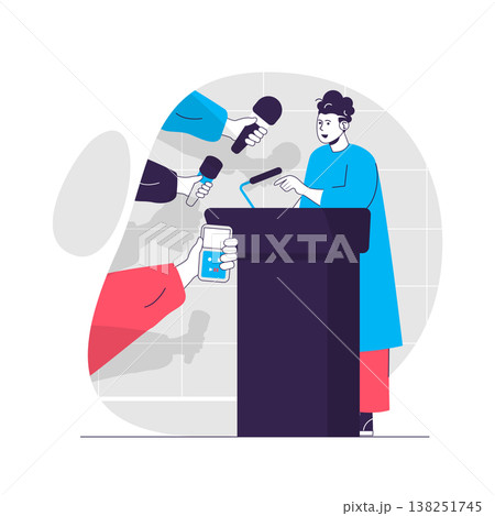 Journalism web concept. Woman behind podium speaking at press conference. Mass media people scene. Flat characters design for website. Vector illustration for social media promotional materials 138251745