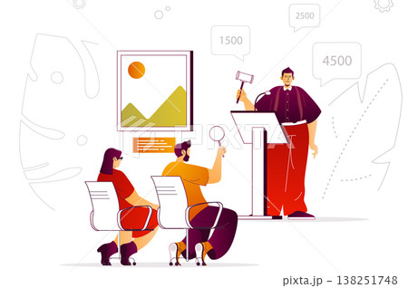Auction in art gallery web concept. Man with gavel, buyers bargain for picture. People scene with flat line characters design for website. Vector illustration for social media promotional materials Auction in art gallery web concept. Man with gavel, buyers bargain for picture. People scene with flat line characters design for website. Vector illustration for social media promotional materials 138251748