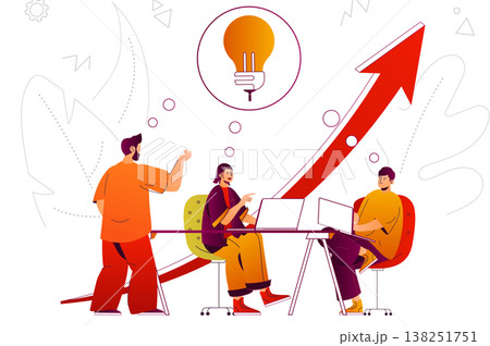 Brainstorming web concept. Team discusses, create ideas and development strategy. People scene with flat line characters design for website. Vector illustration for social media promotional materials 138251751