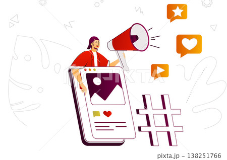 Mobile marketing web concept. Promotion and advertising in mobile application. People scene with flat line characters design for website. Vector illustration for social media promotional materials Mobile marketing web concept. Promotion and advertising in mobile application. People scene with flat line characters design for website. Vector illustration for social media promotional materials 138251766