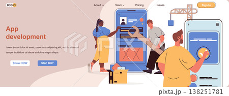 App development web concept. Developers create software, build mobile apps interface scene. Banner template with flat line characters design. Vector illustration for social media promotional materials 138251781