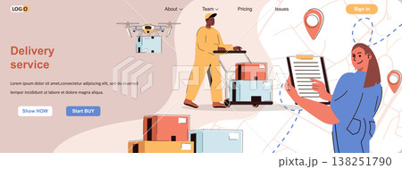 Delivery service web concept. Transportation of parcels, storage in warehouse scene. Banner template with flat line characters design. Vector illustration for social media promotional materials Delivery service web concept. Transportation of parcels, storage in warehouse scene. Banner template with flat line characters design. Vector illustration for social media promotional materials 138251790