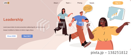 Leadership web concept. Achieving goals, motivation and successful strategy, career scene. Banner template with flat line characters design. Vector illustration for social media promotional materials 138251812