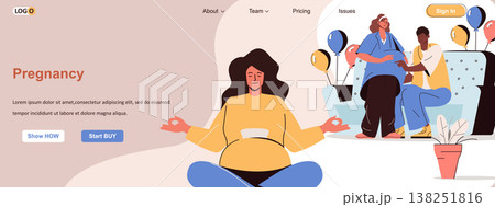 Pregnant woman web concept. Pregnancy and expecting baby, young family and parents scene. Banner template with flat line characters design. Vector illustration for social media promotional materials Pregnant woman web concept. Pregnancy and expecting baby, young family and parents scene. Banner template with flat line characters design. Vector illustration for social media promotional materials 138251816