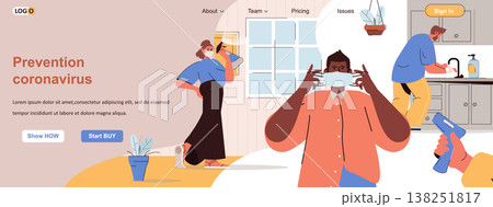 Prevention coronavirus web concept. Wear masks, wash hands, disinfect surfaces scene. Banner template with flat line characters design. Vector illustration for social media promotional materials Prevention coronavirus web concept. Wear masks, wash hands, disinfect surfaces scene. Banner template with flat line characters design. Vector illustration for social media promotional materials 138251817